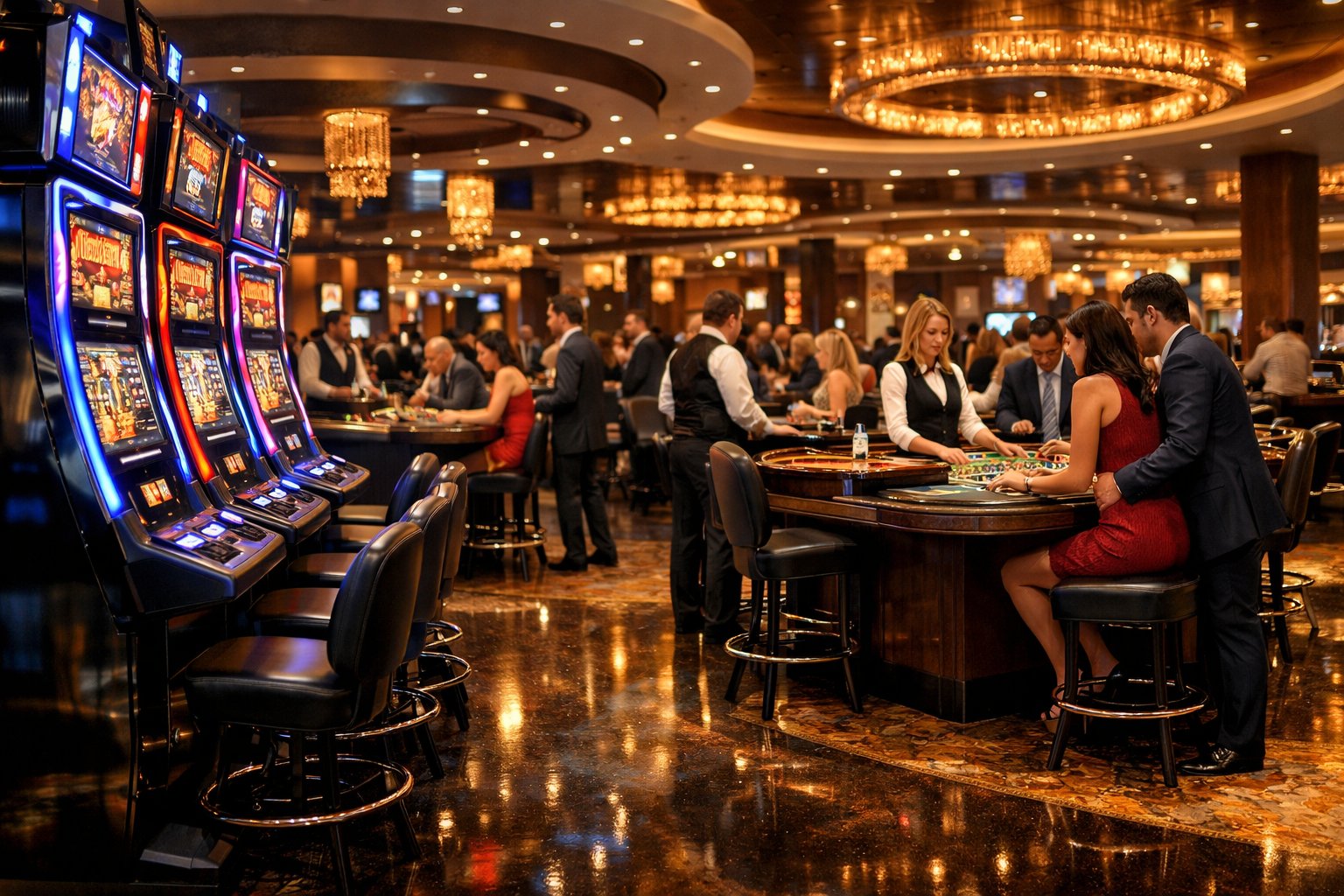 Interior Of A Busy Casino With Slot Machines, Gaming Tables, Dealers, And Patrons Enjoying Games.
