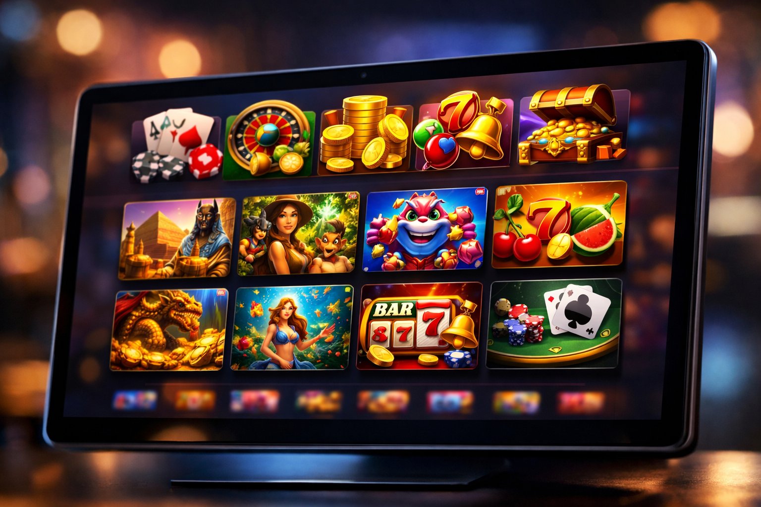 A CloseUp Of A Digital Device Displaying A Colorful Casino Game Selection Screen With Various Game Icons.