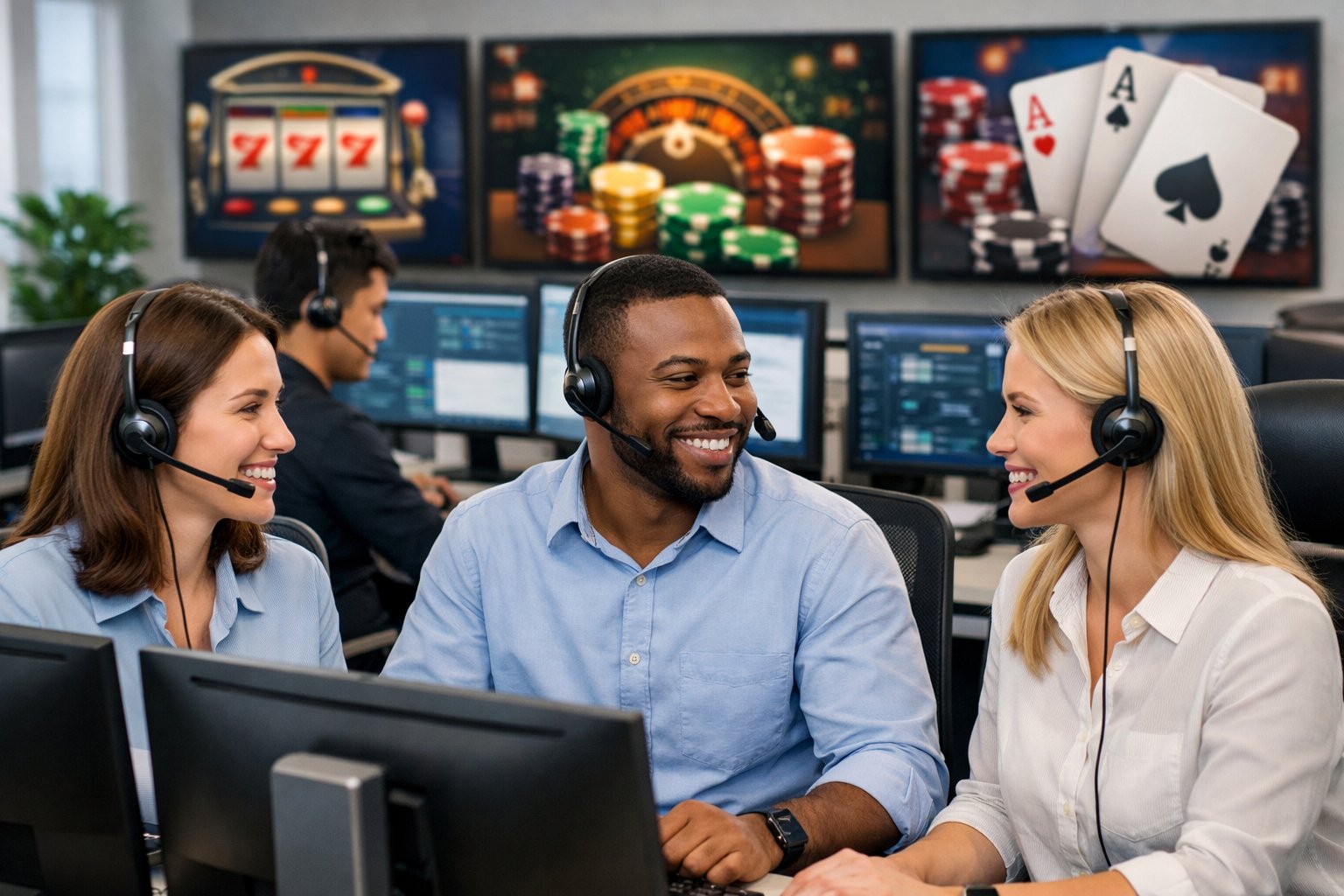 A Team Of Customer Support Representatives Wearing Headsets Working At Computers In A Bright Office Environment.