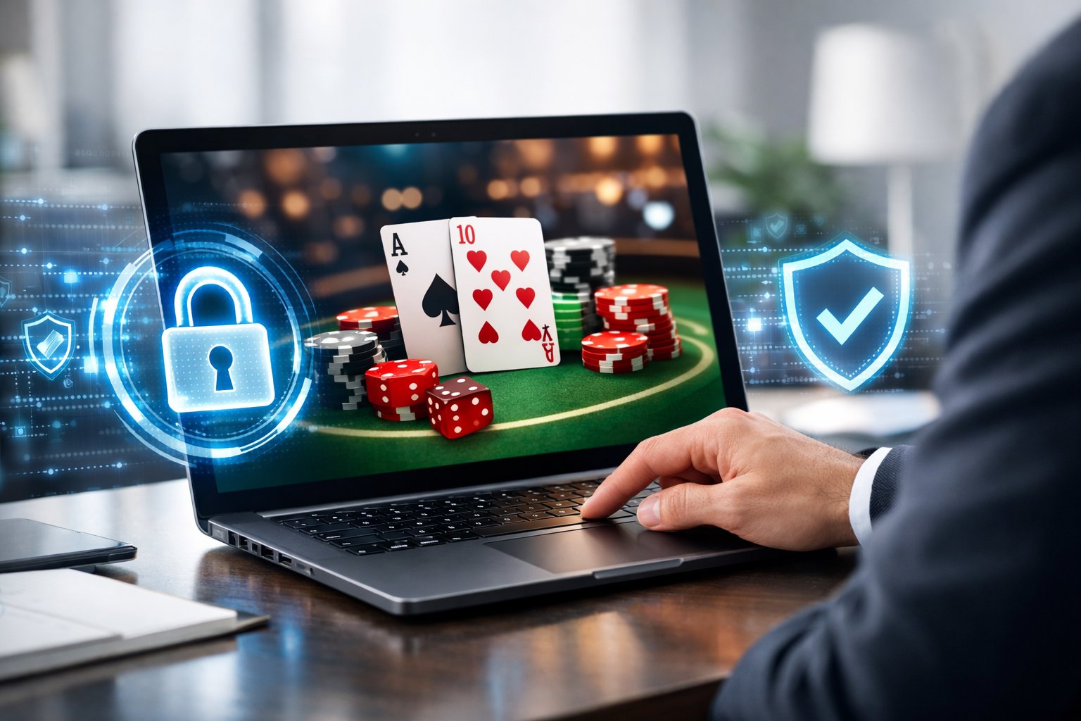 Person Using A Laptop Showing A Casino Game With Digital Security Icons Like A Padlock And Shield Around The Device.