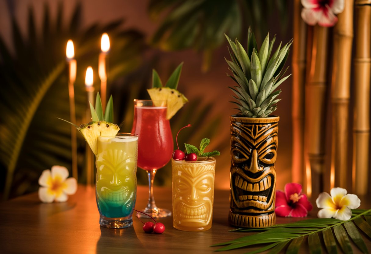 A wooden table with colorful tiki cocktails garnished with tropical fruits, surrounded by tropical decorations and soft warm lighting, creating a romantic tropical setting.