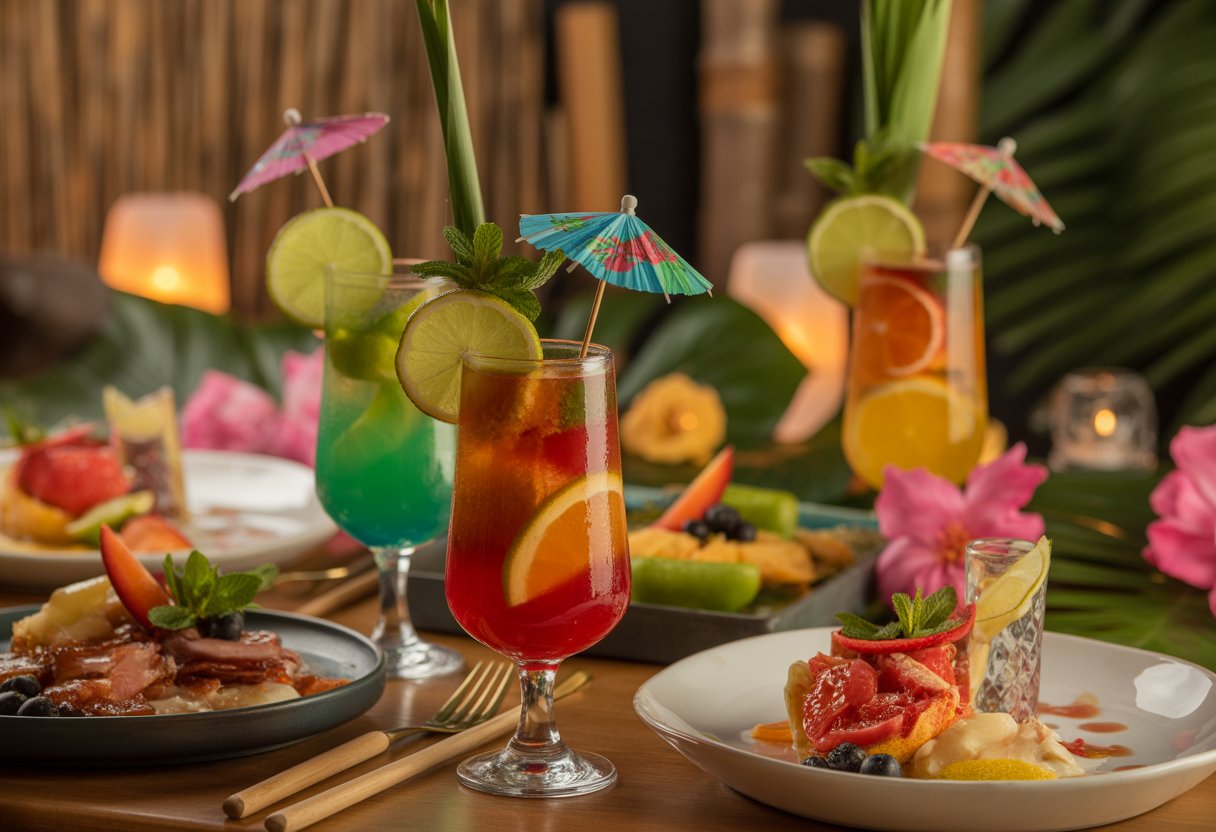 A romantic dinner table with two colorful tiki cocktails and plates of gourmet tropical food, decorated with flowers and soft candlelight.