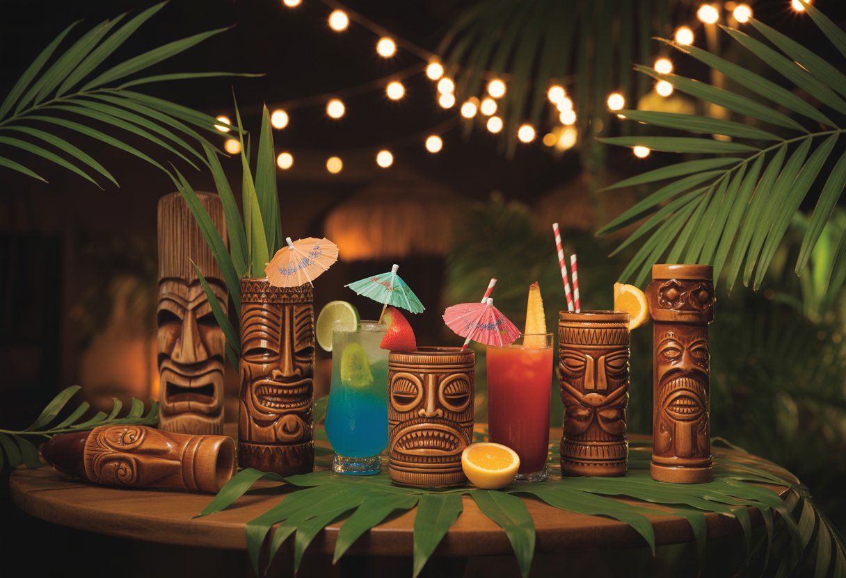 A wooden table with colorful tiki cocktails garnished with tropical fruits and surrounded by palm leaves and tiki decor in a softly lit, romantic tropical setting.