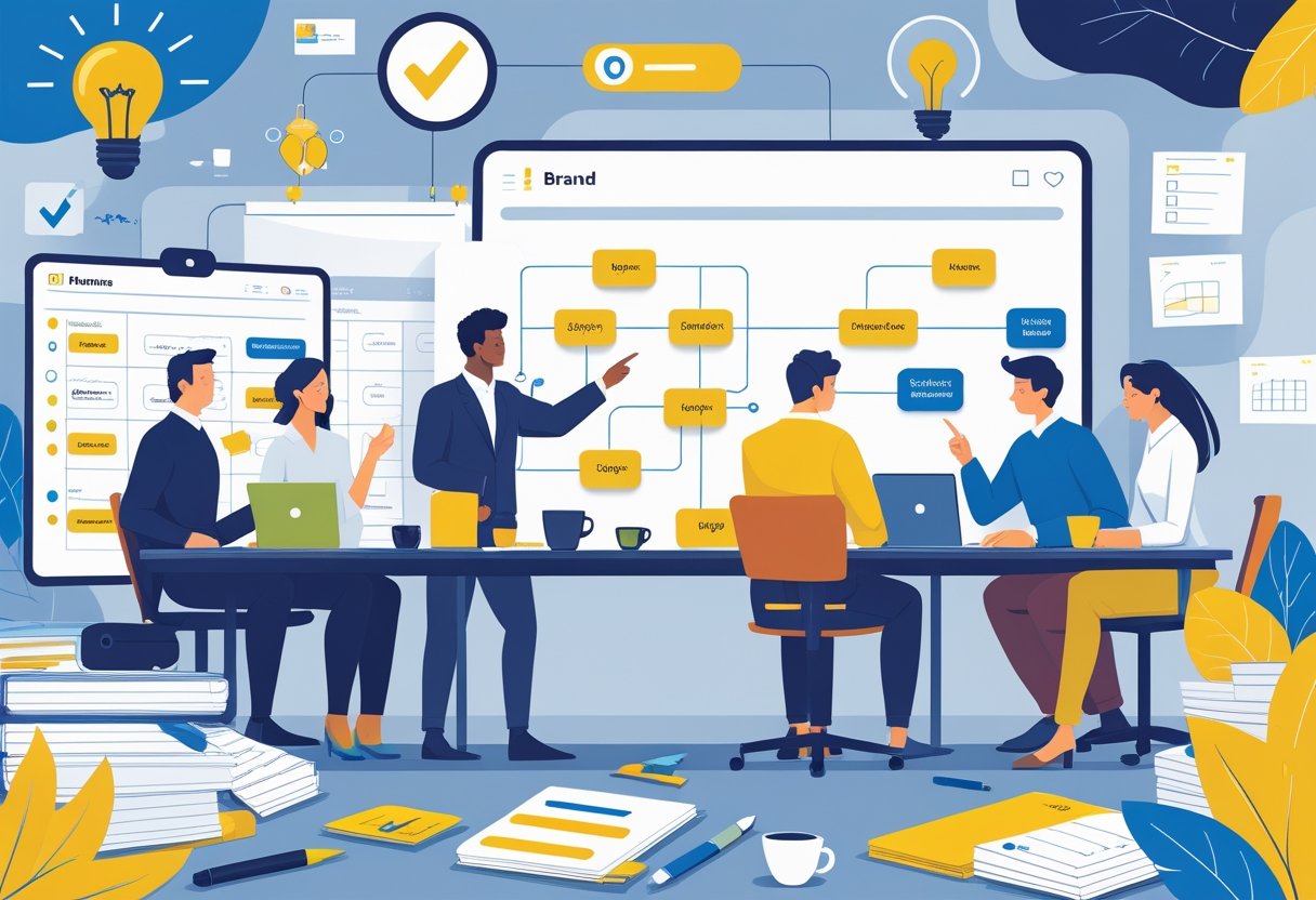 A group of people in a meeting room reviewing and discussing different brand name options around a table with papers and digital devices.