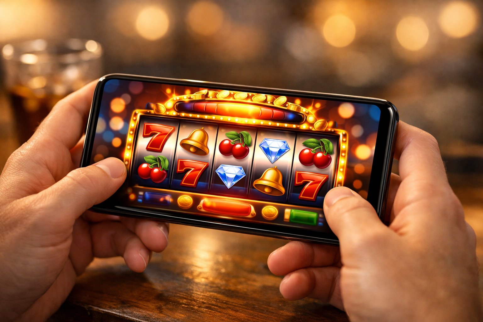 A Person Holding A Smartphone Showing A Colorful Slot Machine Game With Spinning Reels And Jackpot Symbols.