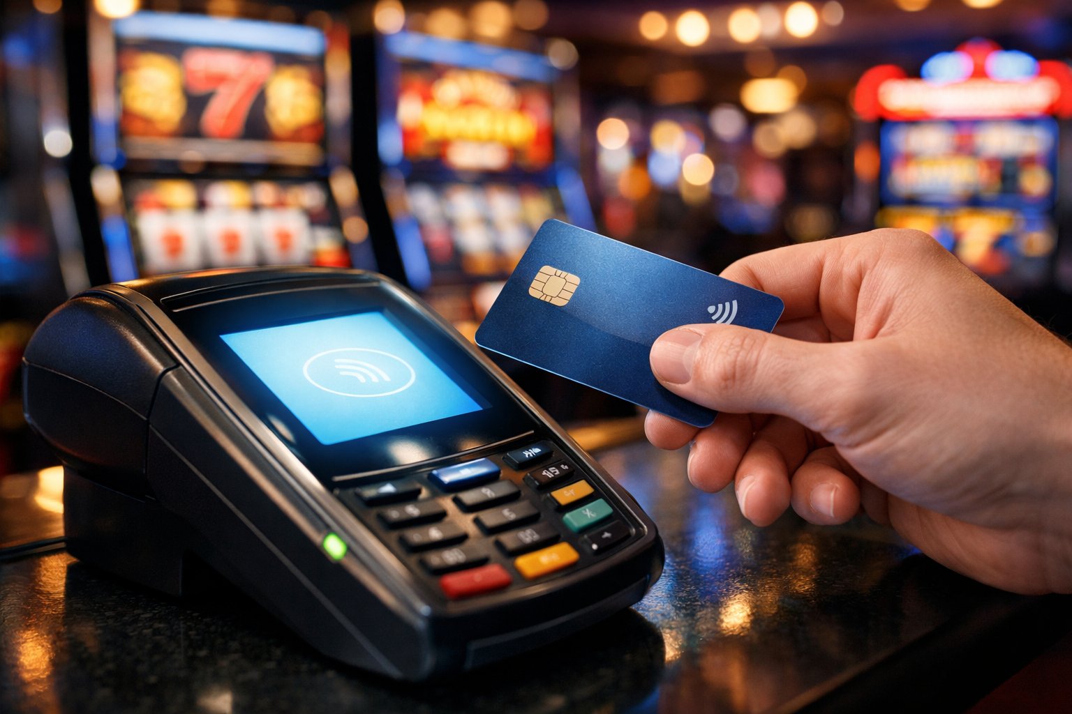 A Person's Hand Holding A Credit Card Near A Digital Payment Terminal In A Casino With Slot Machines In The Background.