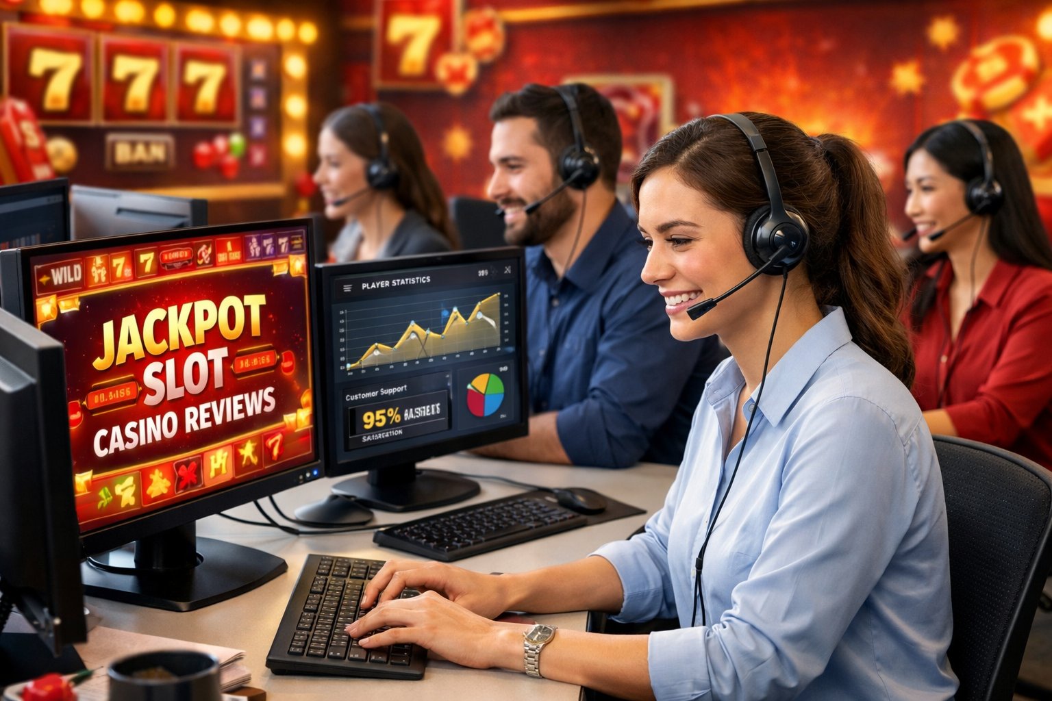 Customer Support Team Working At Computers With Casino Slot Game Screens In A Modern Office.