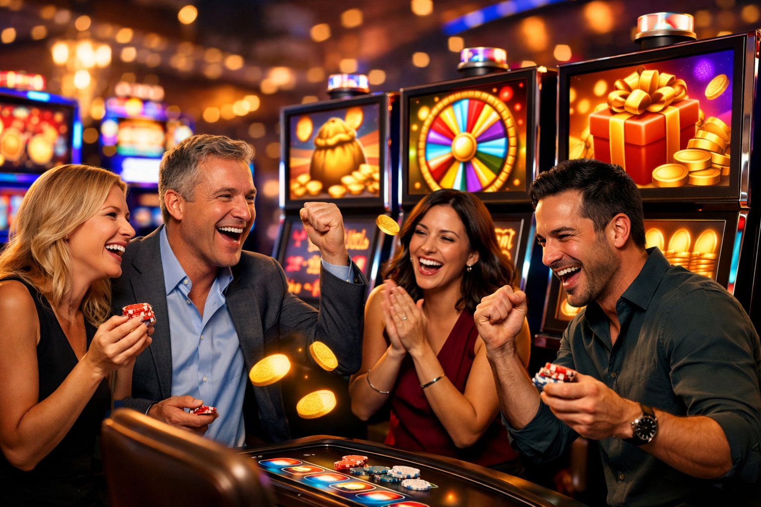 People Enjoying A Lively Casino With Slot Machines And Glowing Lights, Celebrating Their Wins.
