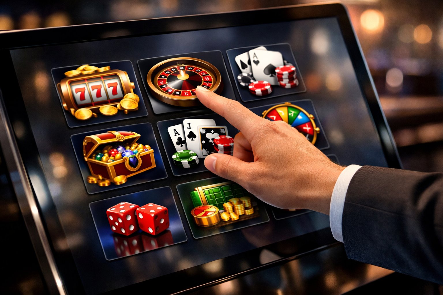 A Person Selecting Casino Games On A Large Touchscreen Display Showing Colorful Game Icons.