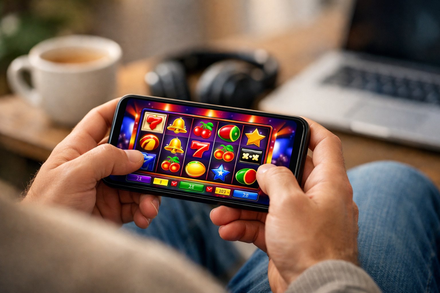 A Person Holding A Smartphone Playing A Colorful Casino Game Indoors, Focused On The Screen.