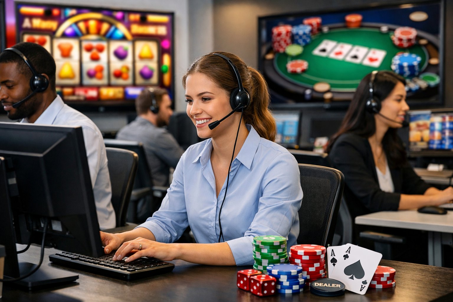 Customer Support Team Wearing Headsets Working At Computers In A Modern Office With CasinoThemed Visuals On Screens.