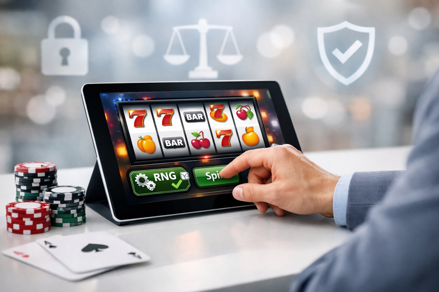 A Person Using A Tablet Showing A Secure And Fair Online Casino Game Interface With Icons Representing Security And Fairness.