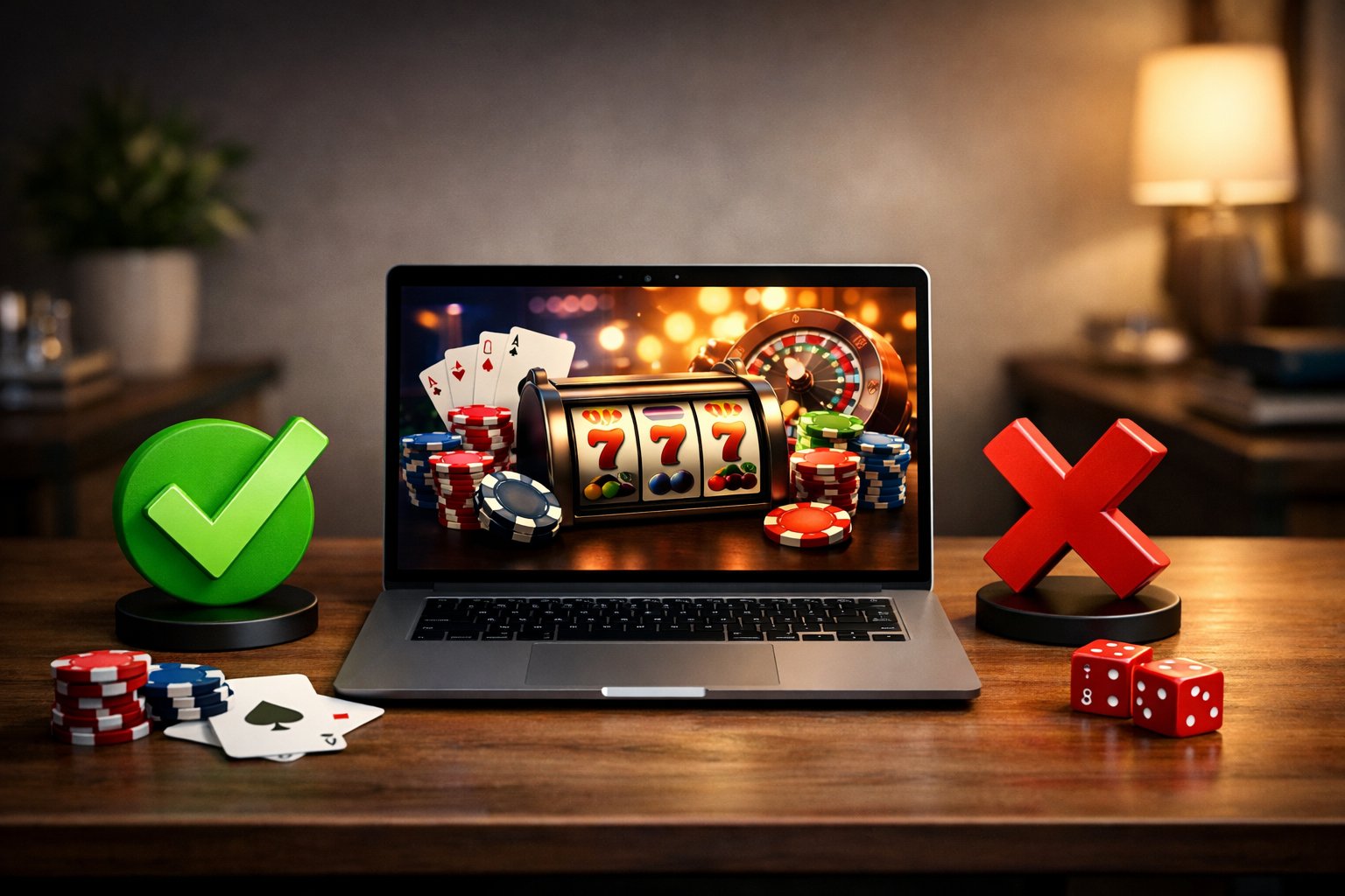 A Laptop On A Desk Showing A Casino Website With Icons Of Playing Cards And Chips, Alongside Green Checkmark And Red Cross Symbols Representing Pros And Cons.