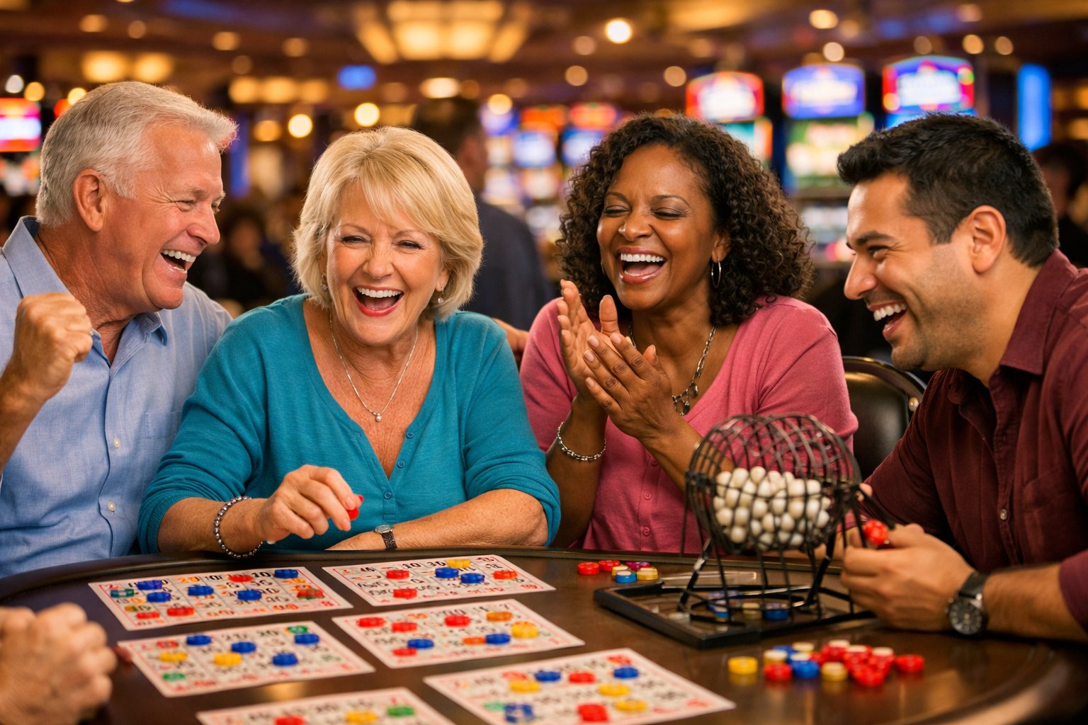A Group Of People Playing Bingo Together At A Casino Table With Bingo Cards And Chips, Surrounded By Slot Machines In The Background.
