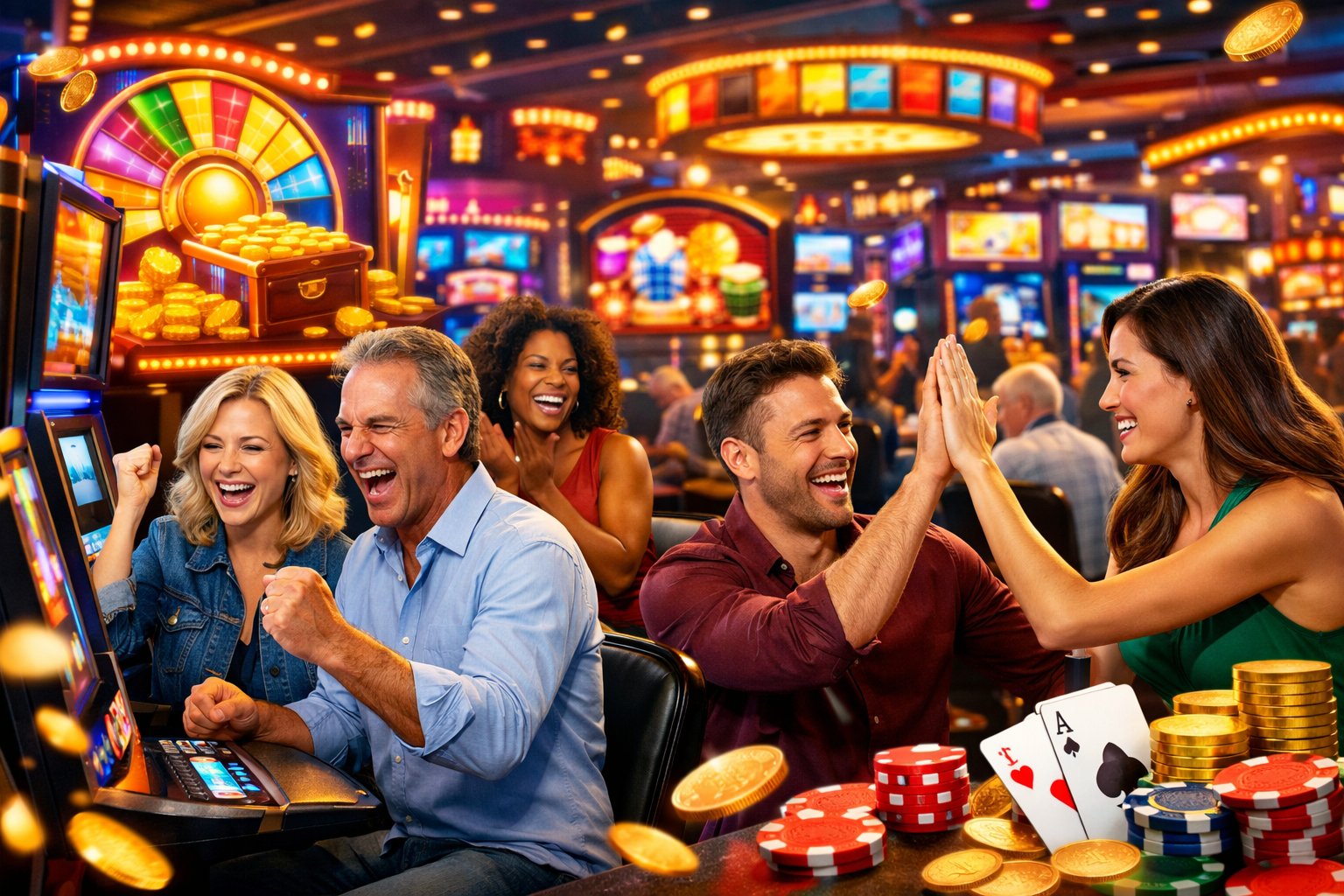 A Group Of People Enjoying Casino Games With Slot Machines And Chips In A Lively Casino Setting.
