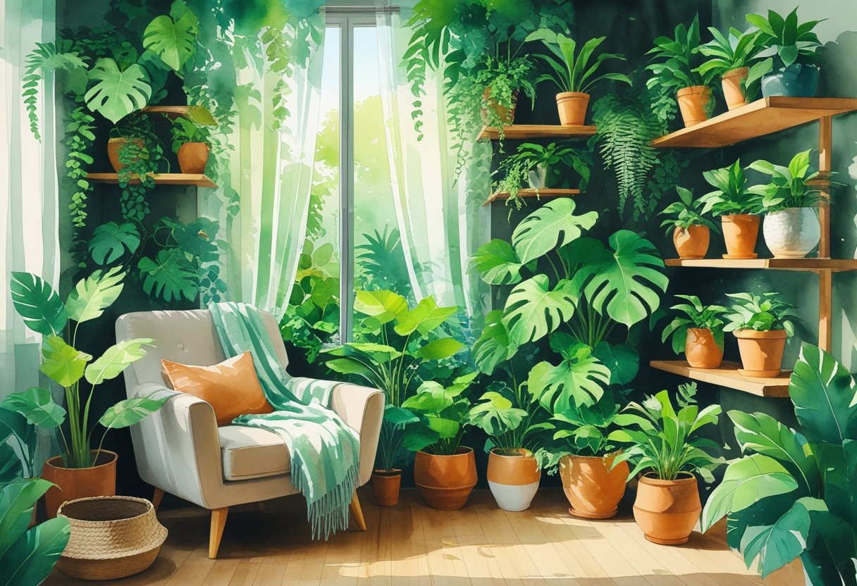 A cozy living room corner filled with various green plants, a comfortable armchair, wooden shelves with potted plants, and soft natural light.