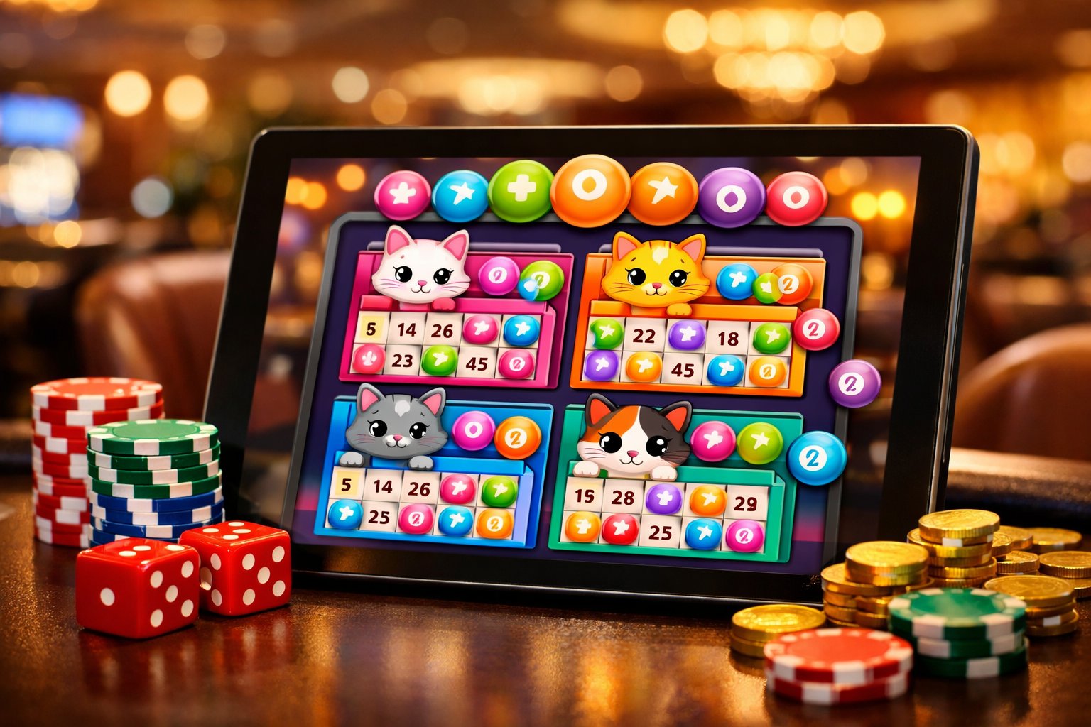 A Digital Gaming Interface Showing Colorful Bingo Cards With Cat Illustrations And Bingo Balls On A Touchscreen Device In A Cozy Casino Setting.