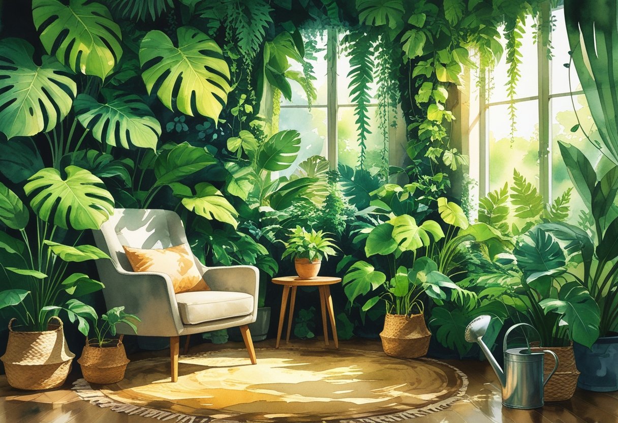 A cozy living room corner filled with various tropical plants, a comfortable armchair, and natural light coming through a window.