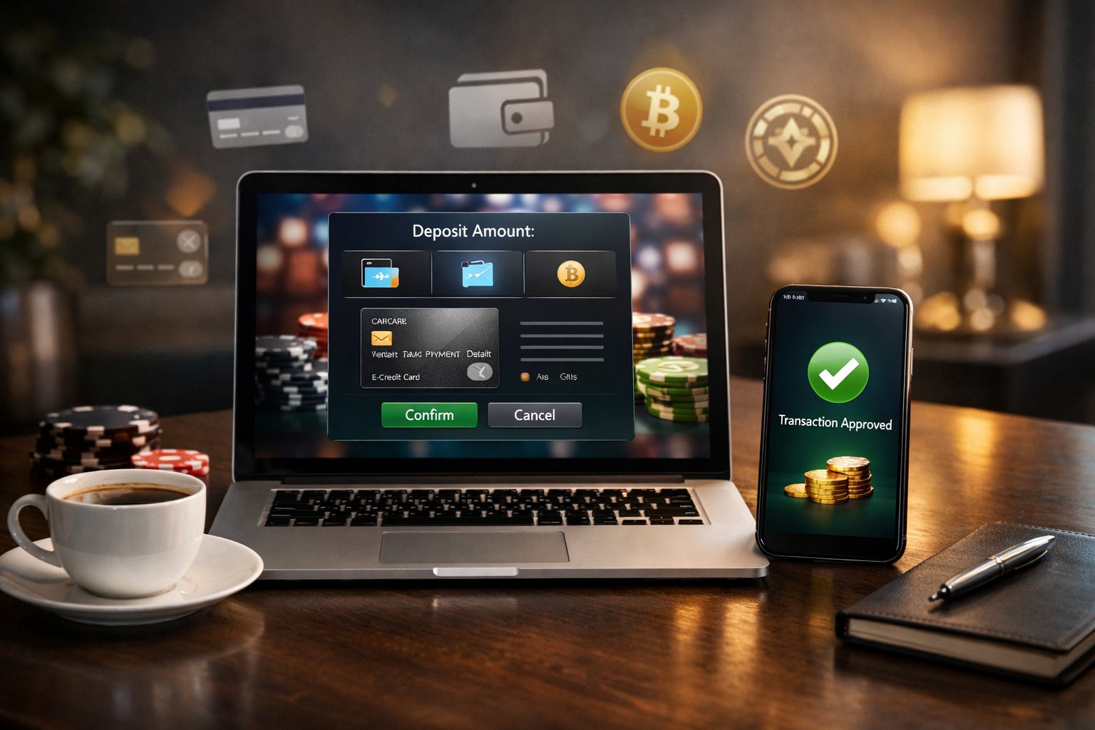 A Workspace With A Laptop And Smartphone Showing Online Payment Interfaces Surrounded By Payment Method Icons.