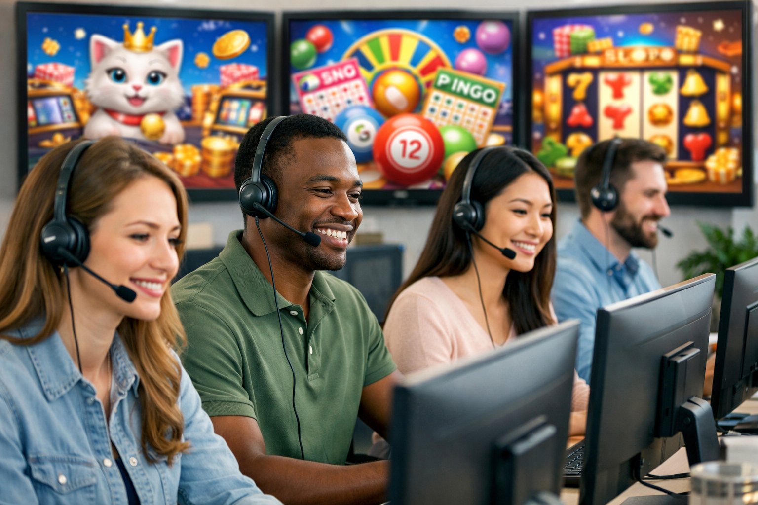 Customer Support Representatives Wearing Headsets Working At Computers In A Bright Office With CasinoThemed Graphics In The Background.