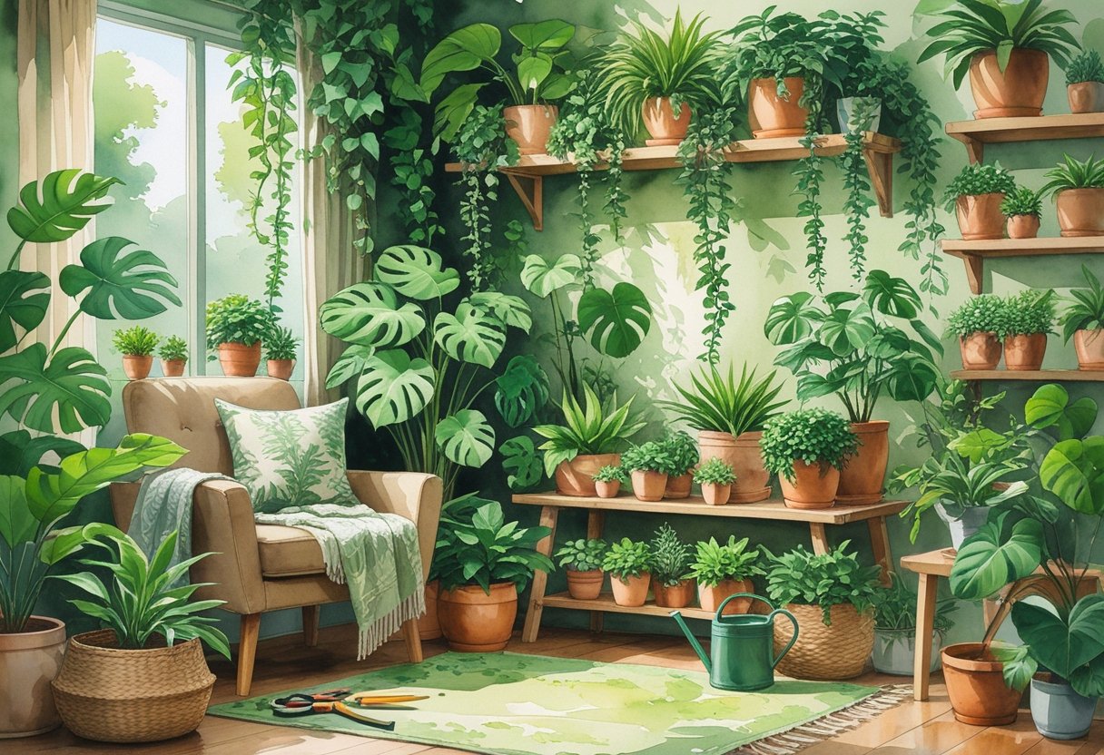 A cozy living room corner filled with various green houseplants, a comfortable armchair, and gardening tools arranged on wooden furniture near a window.