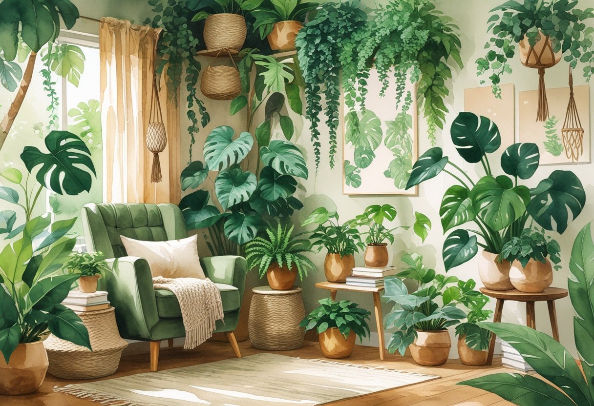 A cozy living room corner filled with various green plants, a comfortable armchair with cushions, a small wooden table with a potted plant and books, and soft natural light coming through curtains.