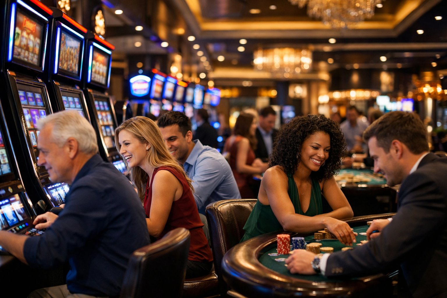 A Lively Casino Floor With People Playing Slot Machines And Table Games Surrounded By Colorful Lights And Elegant Décor.