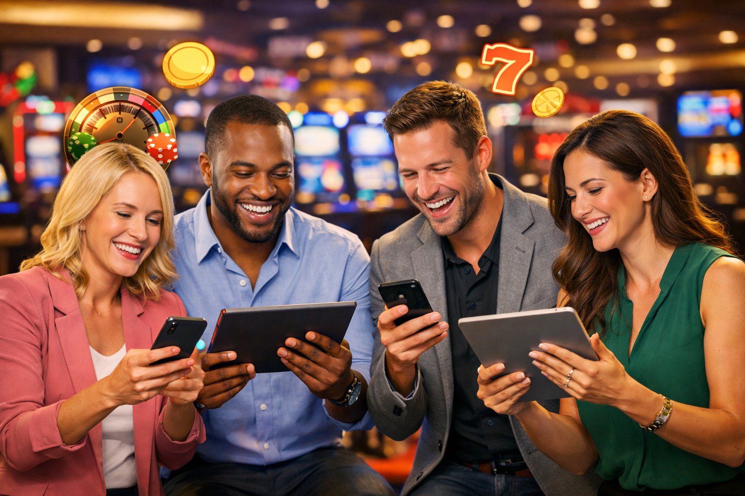A Group Of Adults In A Casino Environment Using Smartphones And Tablets, Surrounded By Slot Machines And Gaming Tables.