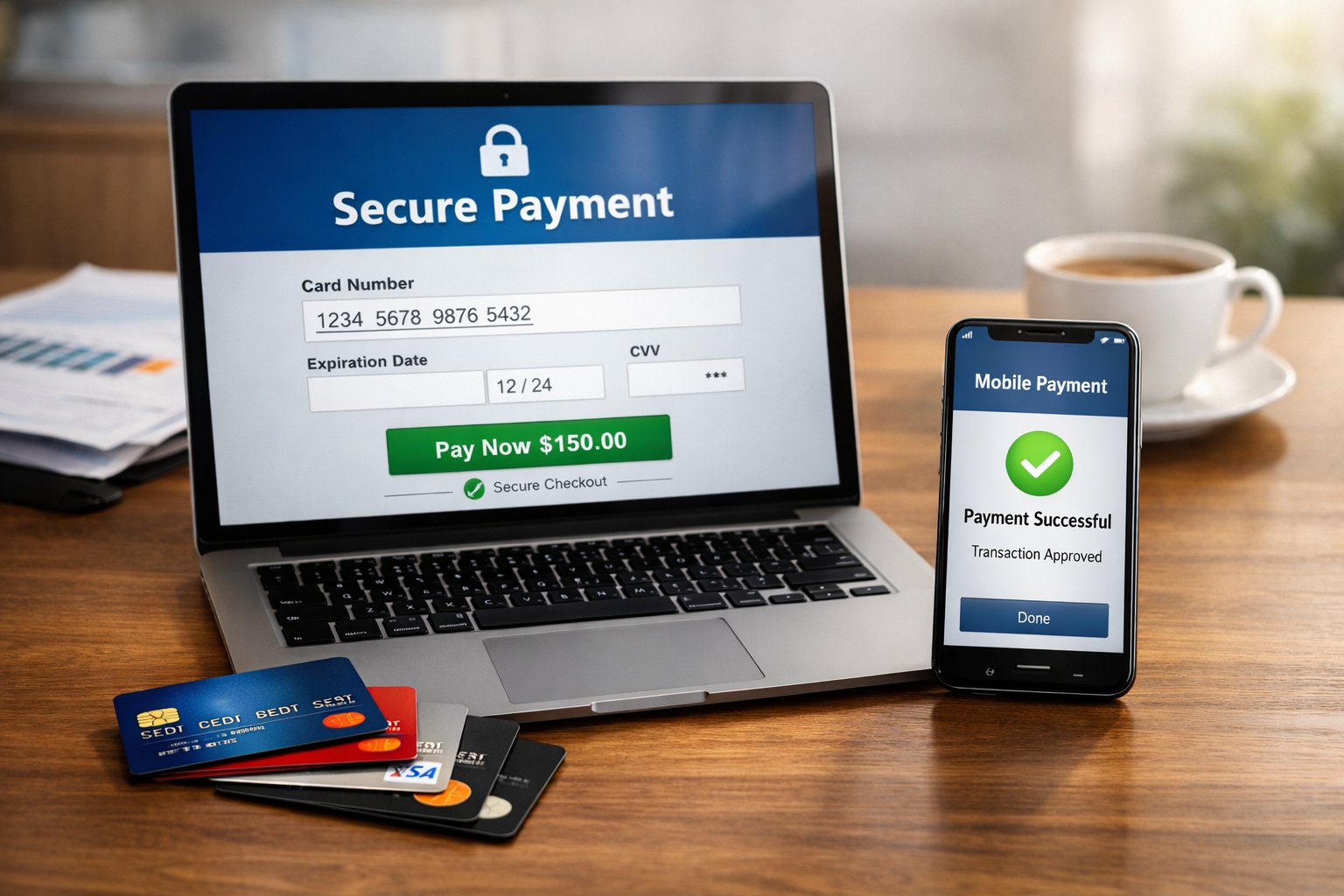 A Workspace With A Laptop, Smartphone, And Credit Cards Arranged On A Desk, Representing Digital Payment Methods.