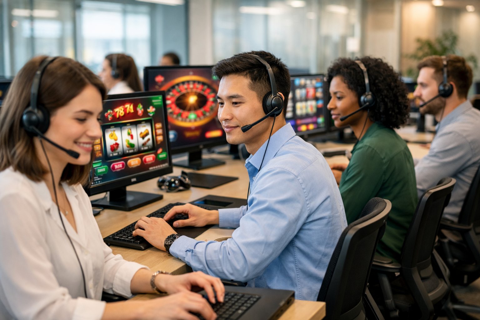 Customer Support Team Wearing Headsets Working At Computers In A Bright Office With CasinoThemed Graphics On Screens.