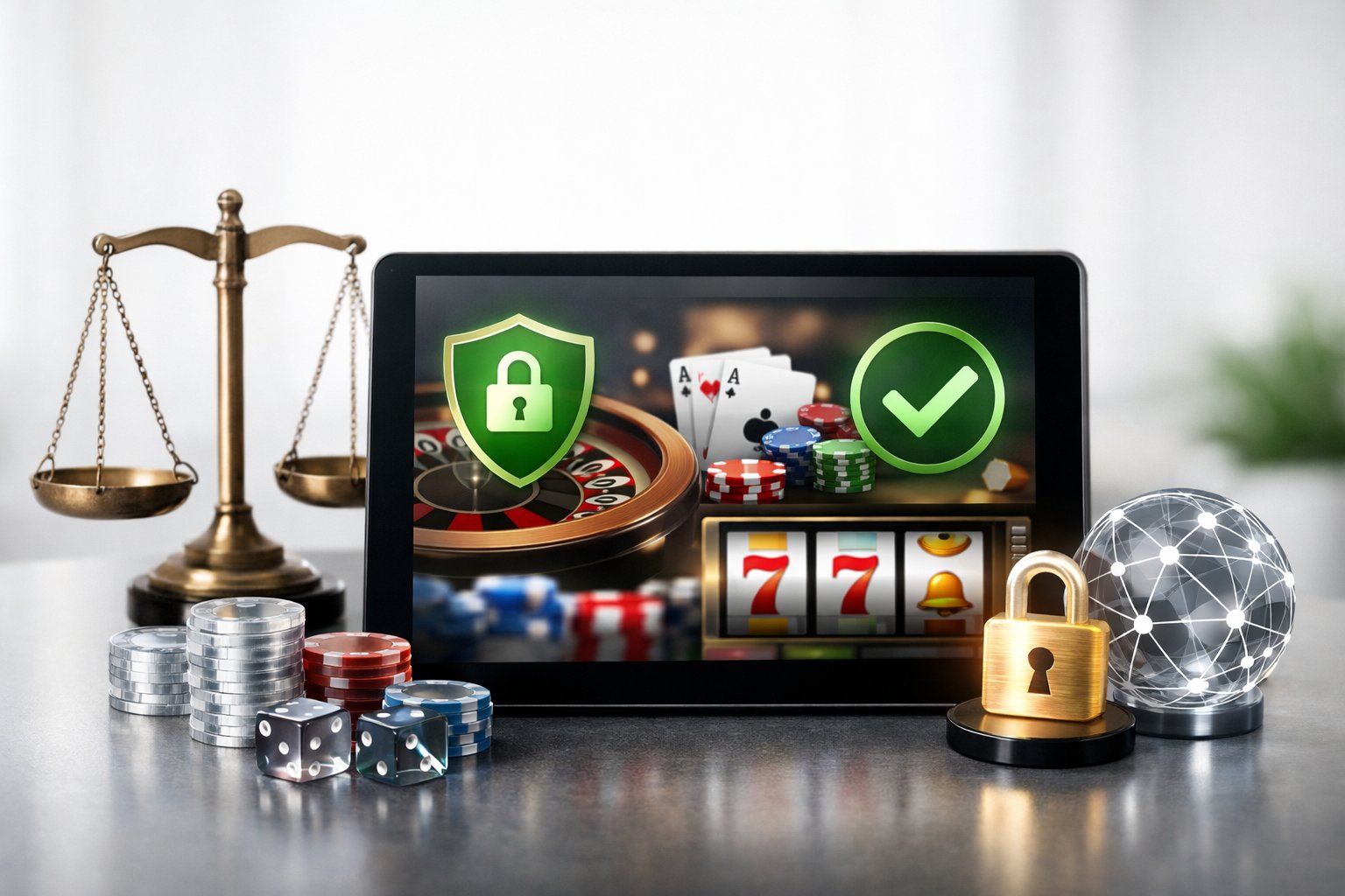 A Computer Displaying A Secure And Fair Online Casino Game Interface With Icons Representing Protection And Balanced Odds.