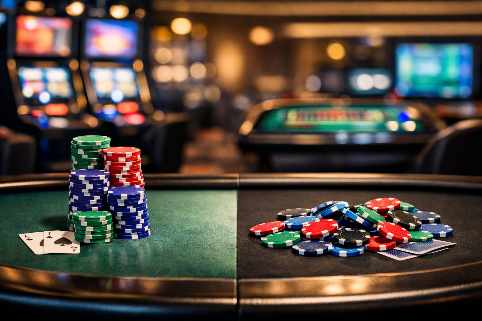 A Polished Poker Table In A Modern Casino With Chips Arranged To Represent Wins And Losses, Surrounded By Slot Machines And Digital Screens.