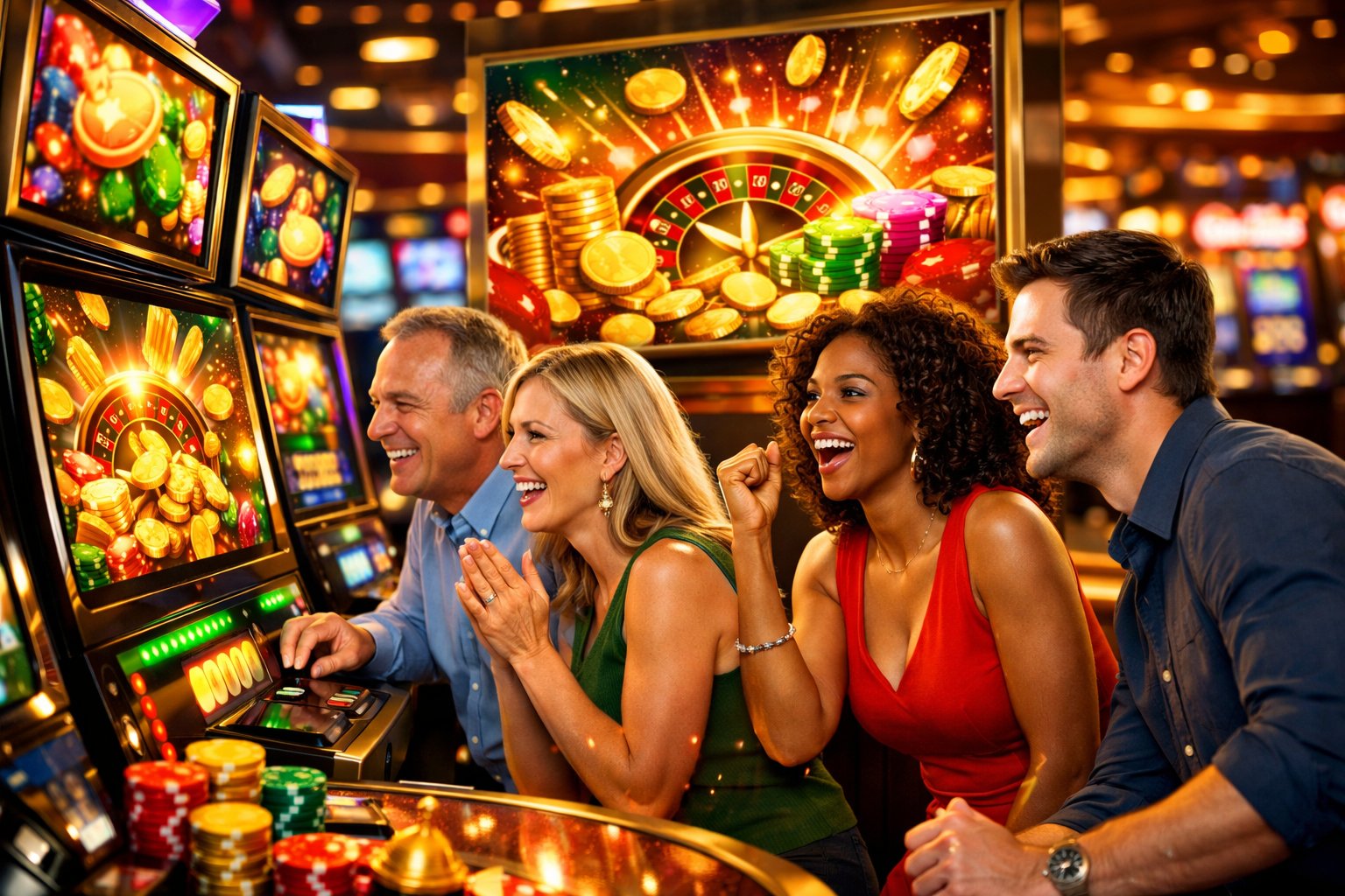 People Enjoying A Lively Casino With Slot Machines And Colorful Promotional Displays, Showing Excitement And Anticipation.
