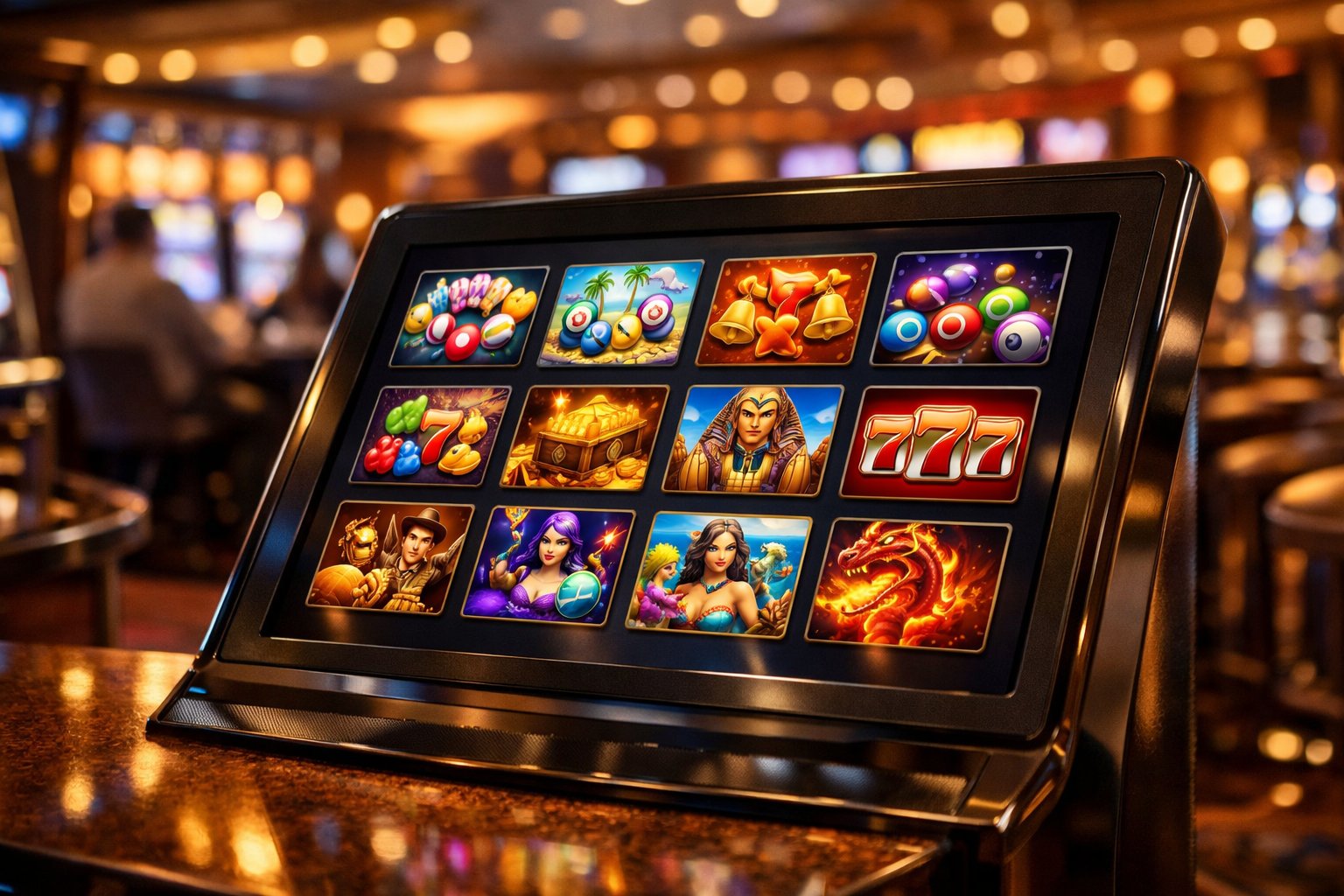 A Digital Touchscreen Display Showing Various Bingo And Slot Machine Game Icons In A Casino Environment With Blurred Players In The Background.