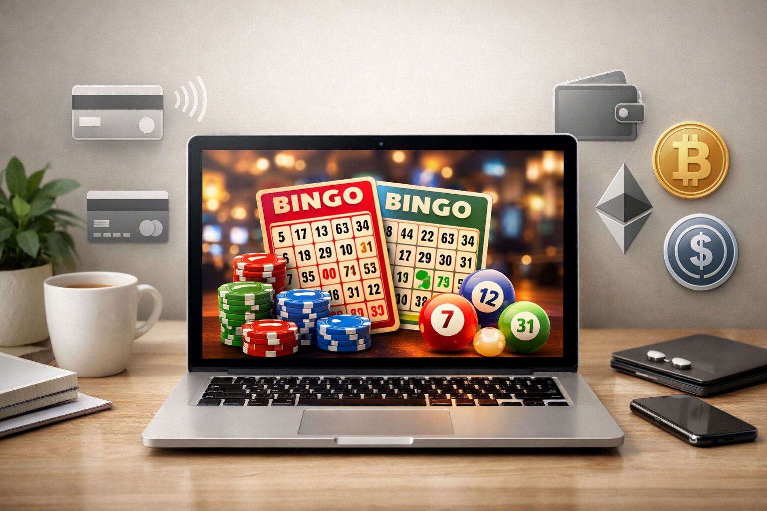 A Laptop Showing A Digital Bingo Game Interface Surrounded By Icons Representing Different Payment Methods On A Clean Workspace.
