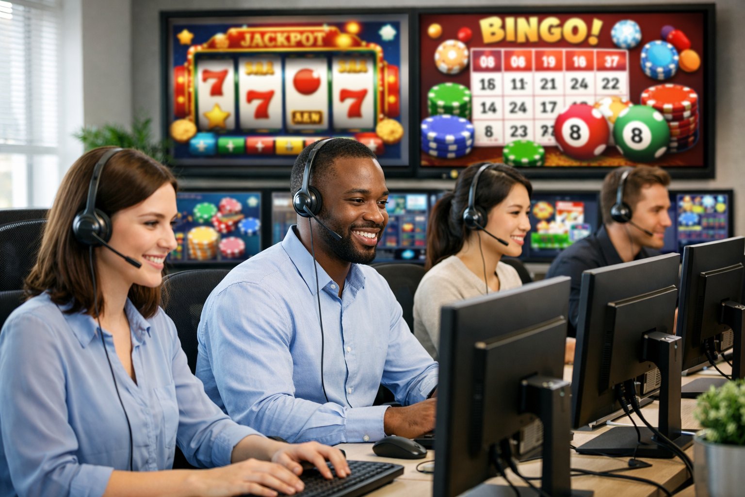Customer Support Representatives Wearing Headsets Working At Computers In A Bright Office With CasinoThemed Screens In The Background.