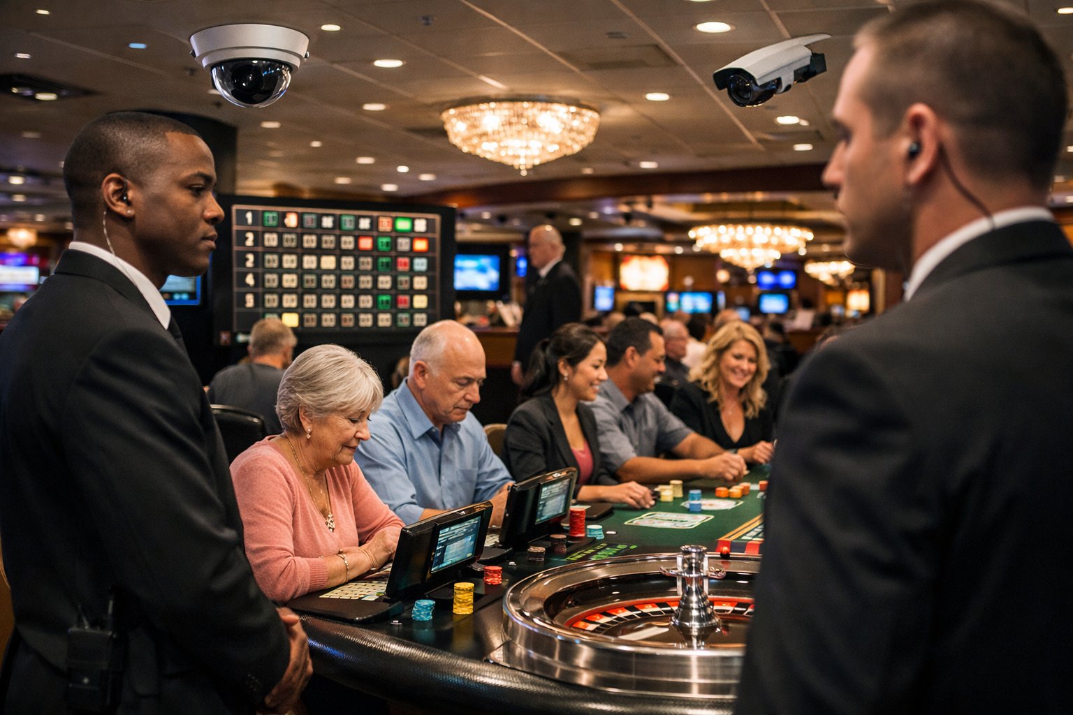 Casino Floor With People Playing Bingo And Security Staff Monitoring The Area.