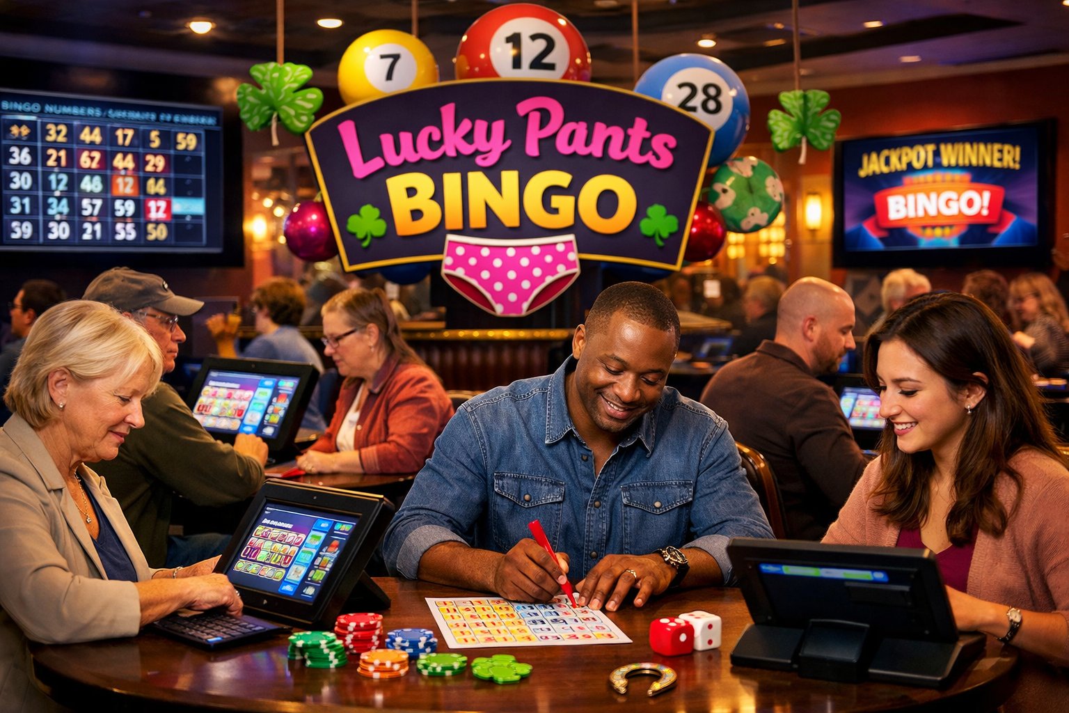 People Playing Bingo In A Lively Casino With Electronic Machines And Bingo Cards, Surrounded By Colorful Bingo Balls And Casino Chips.