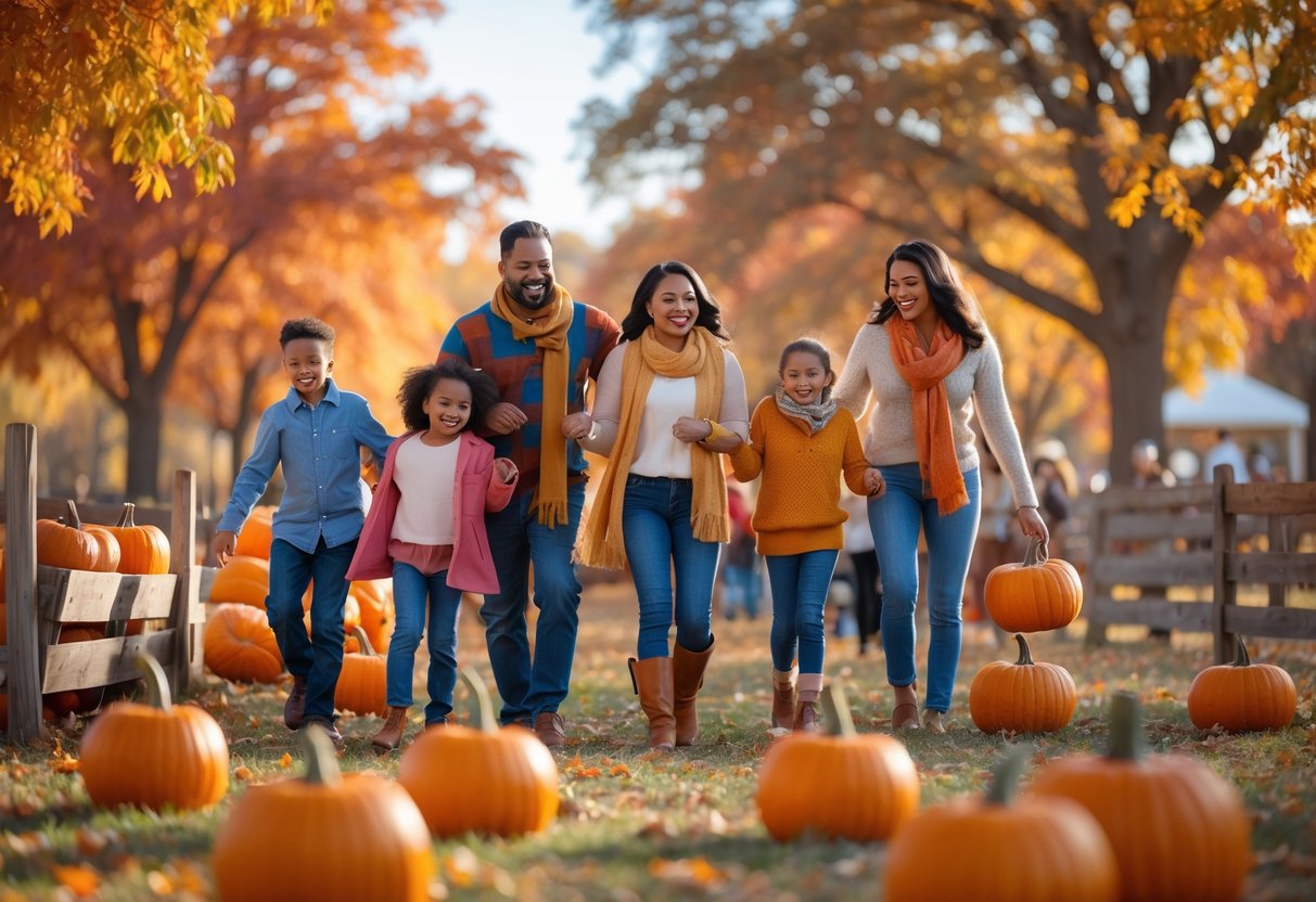 A family enjoying outdoor fall activities together in a park with colorful autumn trees in Tulsa.