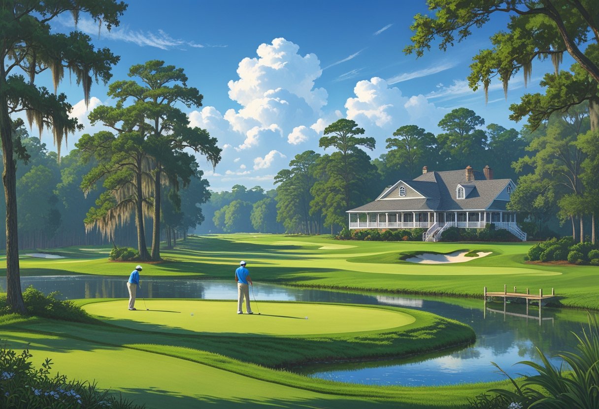 Golfers playing on a green golf course with trees, a pond, and a clubhouse in the background under a sunny sky.