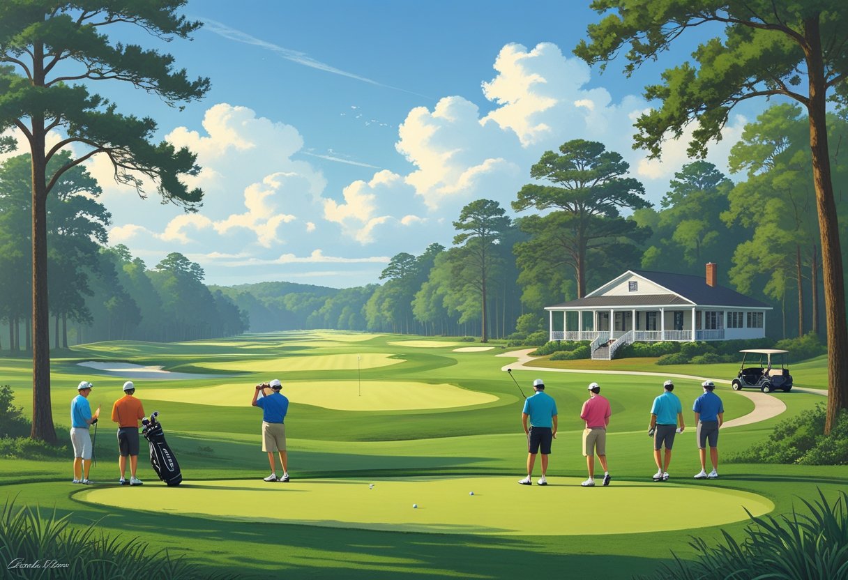 A golf course with golfers playing on green fairways surrounded by trees and hills, with a clubhouse and golf cart in the background.