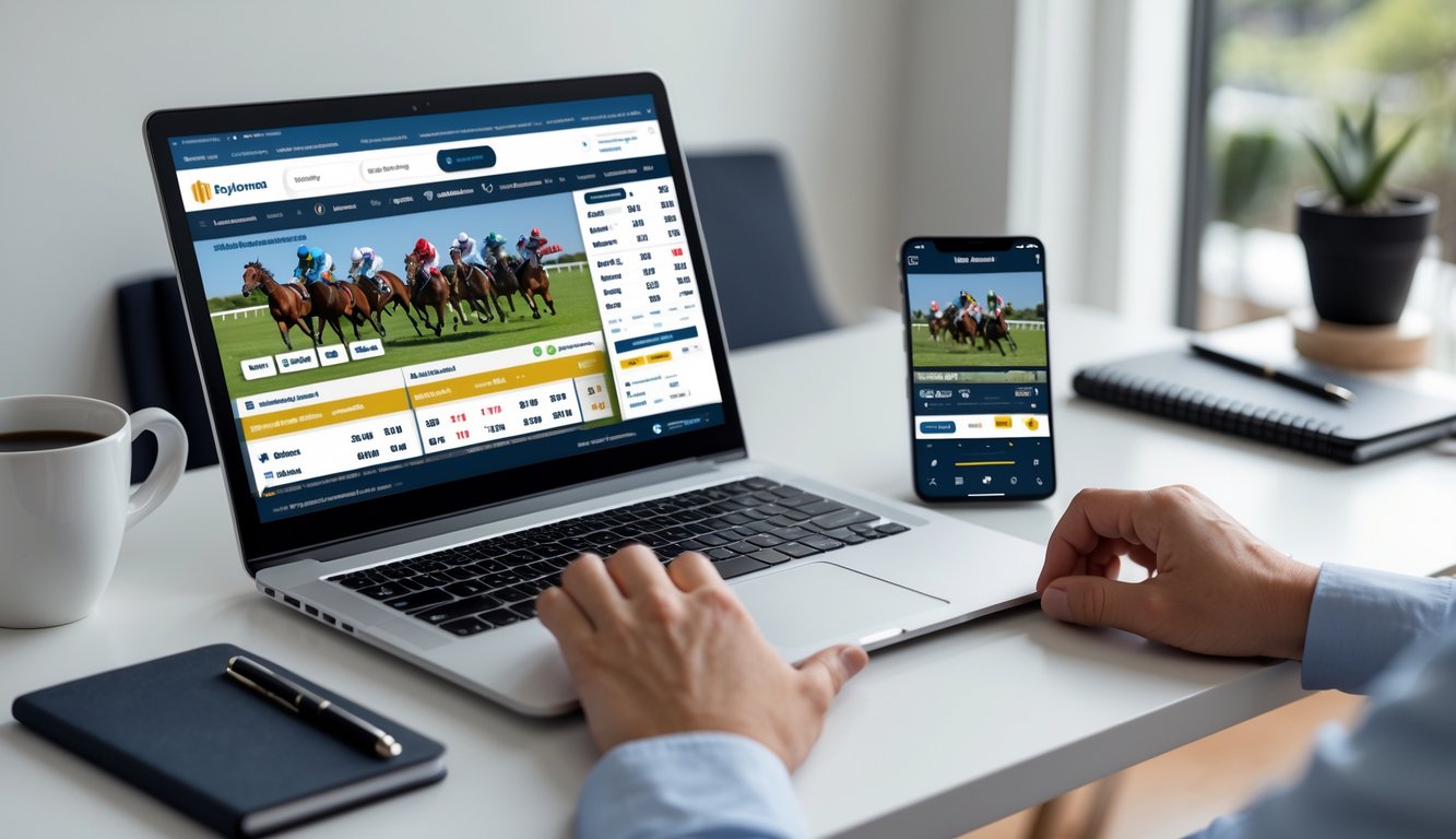 Seseorang menggunakan laptop dan smartphone untuk memasang taruhan pacuan kuda online di meja kerja yang rapi.