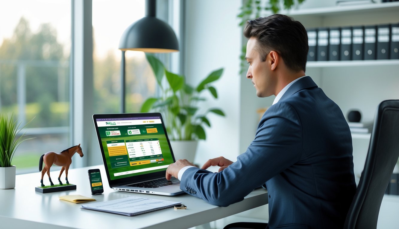 Seorang profesional duduk di meja dengan laptop yang menampilkan situs pacuan kuda online, dikelilingi oleh elemen terkait taruhan pacuan kuda.