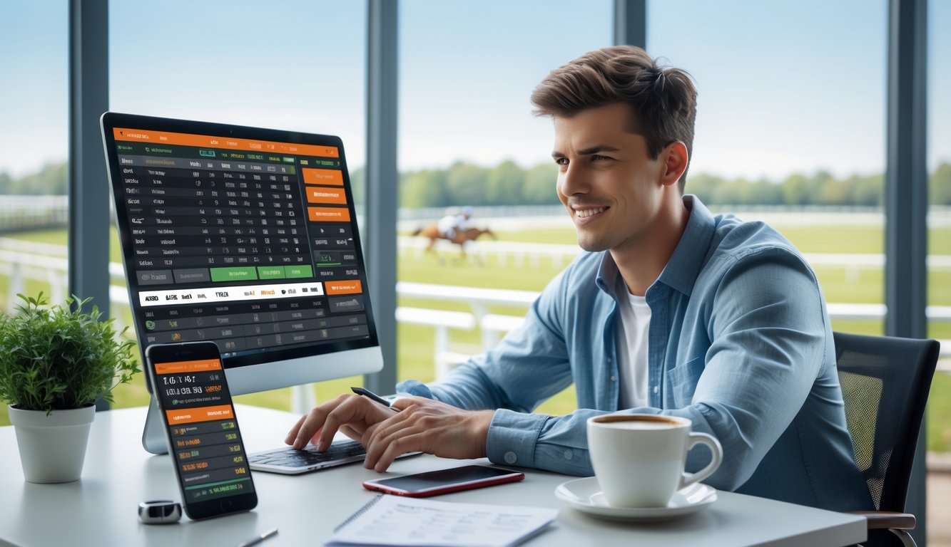 Seorang pria muda duduk di meja dengan laptop, memperhatikan data pacuan kuda dan taruhan online, dengan latar belakang trek pacuan kuda di kejauhan.