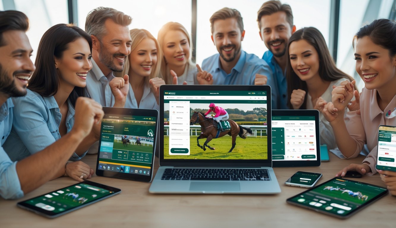 Sekelompok orang menggunakan perangkat digital untuk memasang taruhan pada pacuan kuda secara online dengan suasana penuh semangat dan fokus.