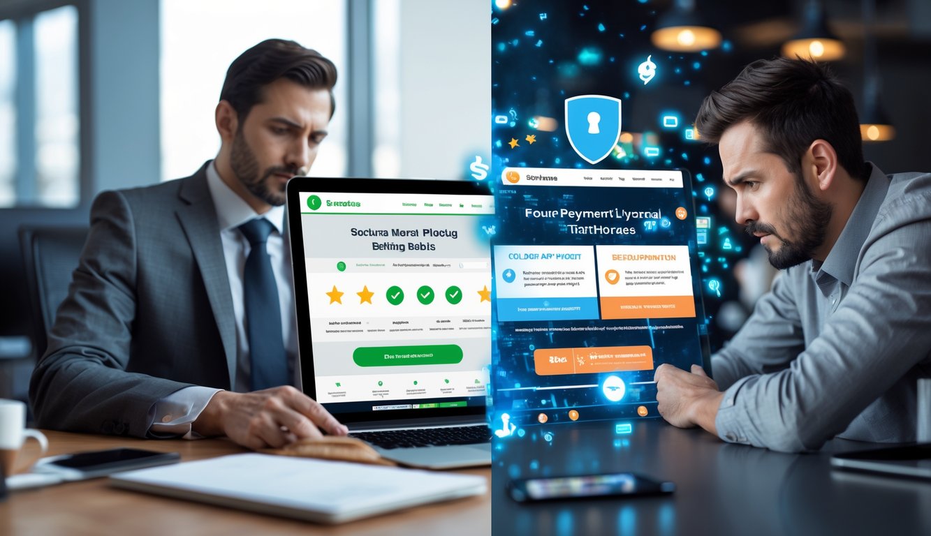 Dua orang dengan ekspresi berbeda menggunakan perangkat digital, satu terlihat percaya diri dengan situs taruhan pacuan kuda yang aman, satu lagi tampak frustrasi dengan situs yang mencurigakan.