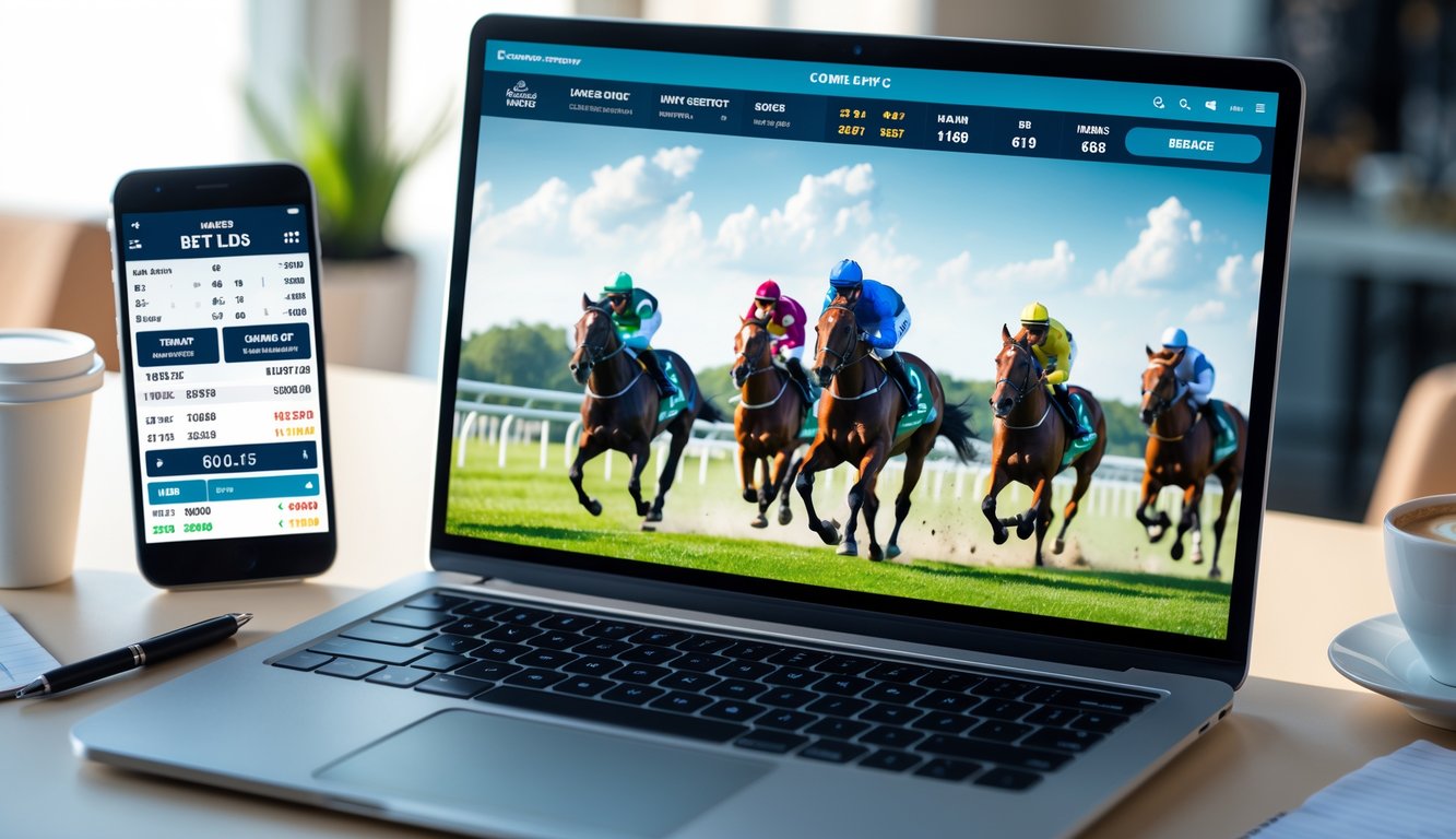 Seorang pengguna komputer melihat balapan kuda online dengan beberapa kuda dan joki berlari di lintasan hijau, di meja terdapat ponsel, kopi, dan buku catatan.