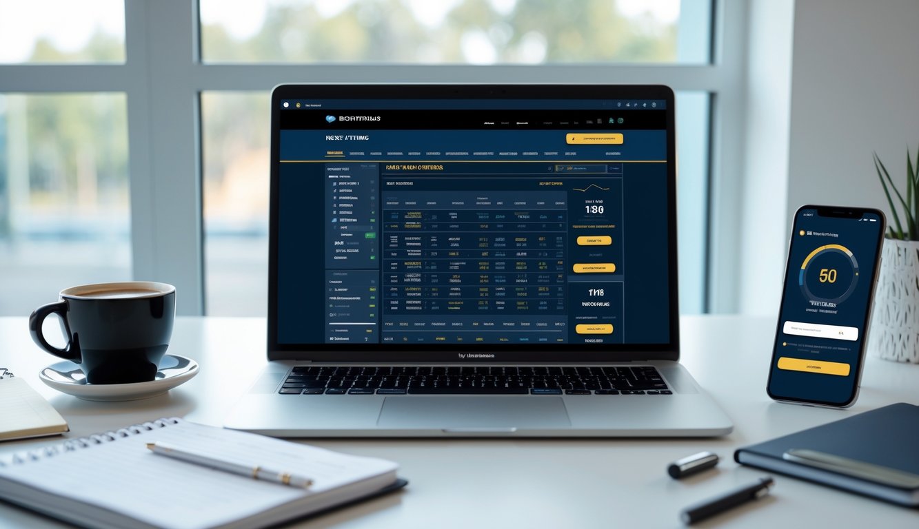 Seseorang menggunakan laptop dan ponsel di meja kerja dengan latar belakang cahaya alami, menampilkan aktivitas taruhan pacuan kuda online dan transaksi cepat.