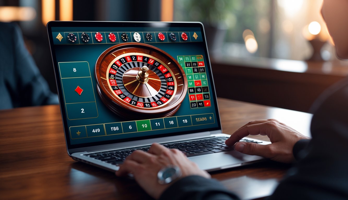 Layar laptop menampilkan permainan roulette Amerika online dengan roda roulette dan bola putih pada nomor pemenang, di atas meja kayu dengan tangan seseorang siap bermain.