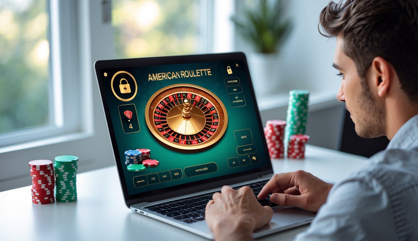 Seorang pemula bermain roulette Amerika secara online di laptop di ruang kerja yang terang dan rapi.